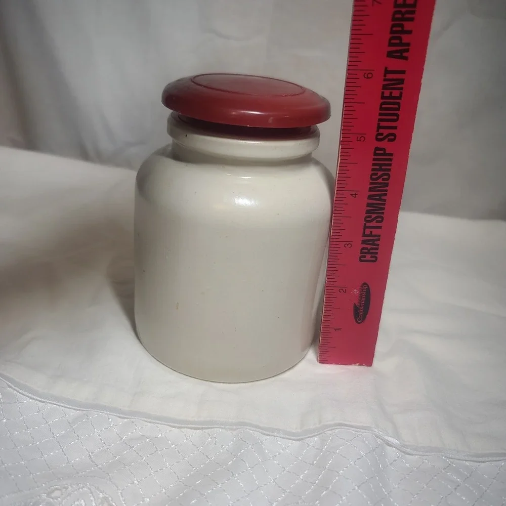 Vintage Stoneware Crock French Mustard Jar w/ Red Plastic Lid Salt Glazed Sturdy
